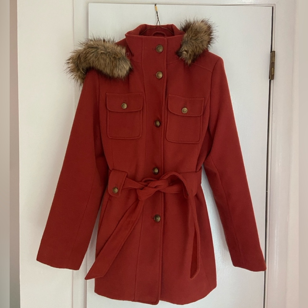 Liz Claiborne burnt Orange pea coat with removable belt and hood, Large, EUC